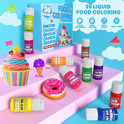 Food Coloring - 36 Colors Liquid Food Dye Set, Concentration Food Color for Christmas Cake Decorating, Baking, Easter Egg, Icing, Fondant, Cooking, Slime Making Kit and DIY Crafts - 0.45oz/Bottles