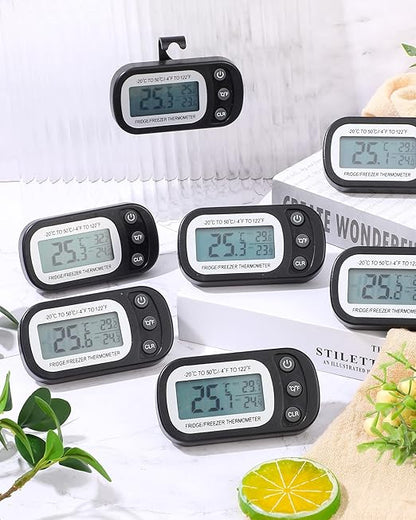 Frienda 8 Pack Black Digital Fridge Thermometer Waterproof Refrigerator and Freezer Room Max/min Record Function LCD Screen Refrigerator Thermometer with Hook and Magnetic Back for Home