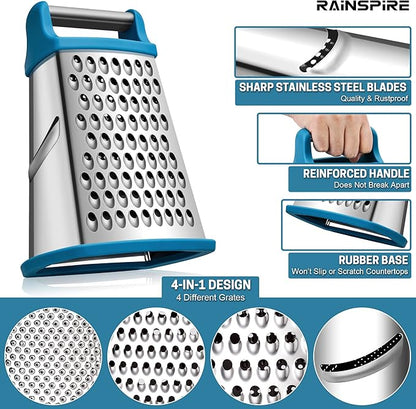 Rainspire Professional Box Grater, Cheese Grater Box for Kitchen Stainless Steel with 4 Sides, Cheese and Spice Graters with Handle for Vegetables, Ginger, Potatoes, Blue