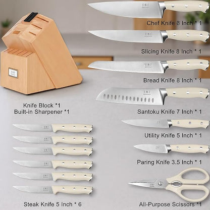 Newly Updated Premium Chef Knife Set High Carbon Stainless Steel Sharp Blade Ergonomic Rivets Handle Knife Block Set Hundreds of Years of Masterful Craftmanship(Ivory,15PCS)