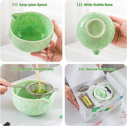 TEANAGOO Matcha Whisk Set,7 Pcs Matcha Set Green,Ceremony Matcha Kit,Matcha Tea Set for Making Latte,Ceramic Bowl(chawan) whith Spout and Whisk,Gift for Matcha Lovers