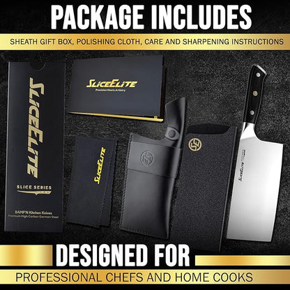 SliceElite Slice Series 7 Inch Cleaver Knife High Carbon German Steel Blade Pakkawood Handle Dual Sheath Sharp Butcher Knife Kitchen Chopper Bone Cutter Meat Slicer Vegetable Knife BBQ Butcher Cleaver