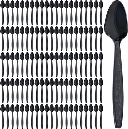 Prestee 300 Black Plastic Spoons Bulk - Durable Disposable Plastic Silverware Spoons - Heat-Resistant Spoon Cutlery - Heavy Duty Flatware Pack - Disposable Silverware Utensil Set for Hot and Cold Food