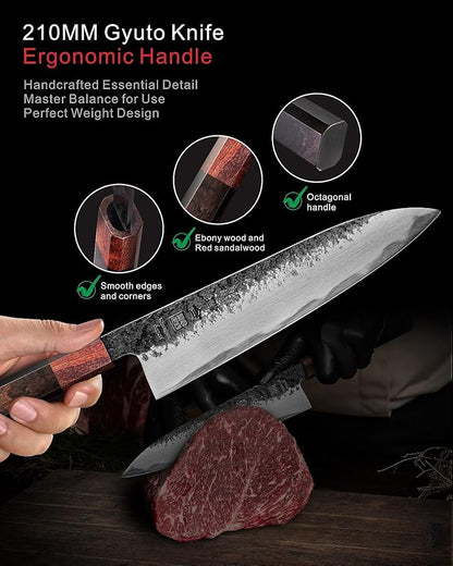 8.27 Inch Japanese Chef Knife, 210MM Black Forged Japanese Knife with Red Sandalwood and Eboy Wood Handle, Gyuto Chefs Knives with Premium Gift Box (WA Series)