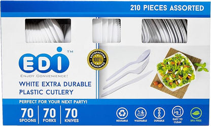 EDI [210 Piece] White Disposable Plastic Cutlery Set, Assorted - 70 Forks, 70 Knives, 70 Spoons | Extra Durable