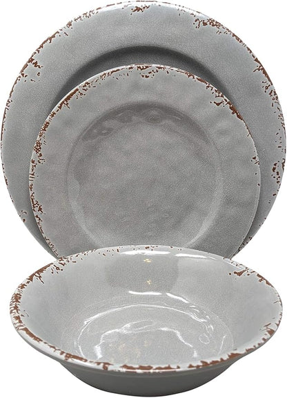 Gianna's Home 12 Piece Rustic Farmhouse Melamine Dinnerware Set, Service for 4 (Gray)