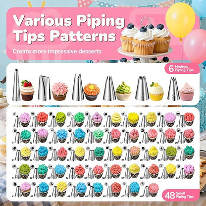 Cake Decorating Tools Supplies Kit: 164pcs Baking Accessories - Piping Bags and Icing Tips Set - Puffs Cupcake Frosting Piping Bakery Set for Adults Beginners or Professional, Pink