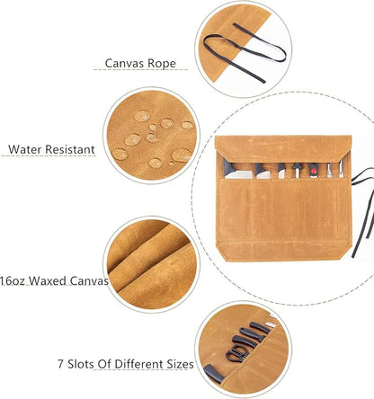 Denifiter Knife Cases Organizer-Durable 16OZ Waxed Canvas Knife Roll Construction-7 Pockets - (Khaki)