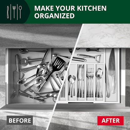 ROYAL CRAFT WOOD Luxury Bamboo Kitchen Drawer Organizer - Silverware Organizer - Utensil Holder and Cutlery Tray with Grooved Drawer Dividers for Flatware and Kitchen Utensils (9 Slot, White)