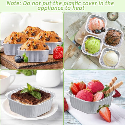 Aoriher 150 Pieces 10 oz Mini Cake Pans with Lids Aluminum Foil Baking Cups Square Disposable 4" x 4" Large Cupcake Cups Baking Tins for Kitchen Brownie Pudding Desserts Holders(Silver)