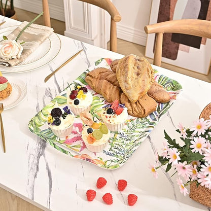 Blue Boat 16.5" x 11.5" Rectangular Serving Trays Set of 2 Floral, Light Weight Easy to Clean Sturdy Stackable Melamine Serving Tray with Handle, Fruit, Snacks, and Desserts Trays