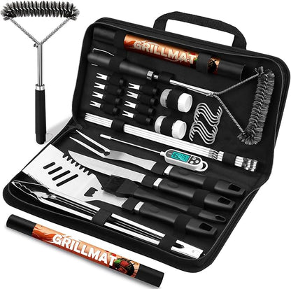 31pcs BBQ Grill Accessories Set for Men Dad, Heavy Duty Grilling Tools Gifts for Christmas, Stainless Steel BBQ Utensils Kit with Mats, Grill Brush in Carrying Bag Black