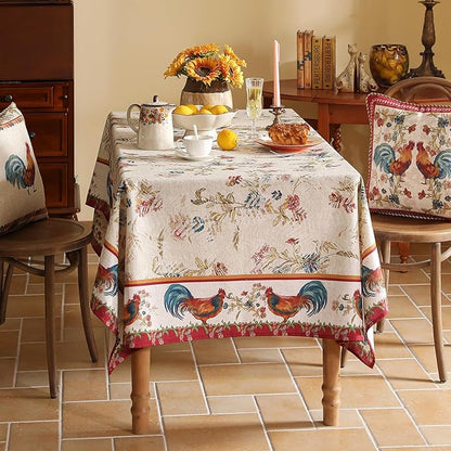 patdrea Designer Linen Red Long Rectangle Tablecloth,Vintage French Animals Pattern Tablecloths,Decoration Floral Table Cover for Kitchen Dining Christmas,Party,Thanksgiving,63"x94"-Townlife E