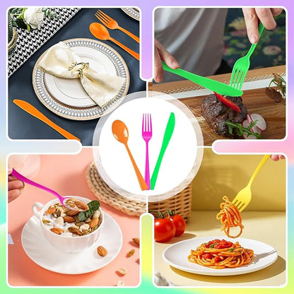 300 Pack Neon Party Disposable Plastic Silverware Heavy Duty, Plastic Cutlery Set, Forks and Spoons Knives Set for Birthday Party Prom Night, Weddings（Orange,Green, Hot Pink, Yellow Colors）
