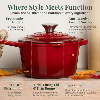 Larder & Vine Enameled Cast Iron Saucepan | 2.2 qt Sauce Pan with Lid | Saucepan with Pour Spouts | Enameled Cast Iron Pot Compatible on All Cooktops & Oven Safe to 500° F | Cabernet