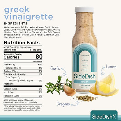 SideDish Zesty Greek Vinaigrette (Pack of 3) - Seed Oil, Dairy & Gluten Free Salad Dressing w/Avocado Oil - Refined Sugar Free, Healthy Greek Salad Dressing - Balsamic Paleo Marinade for Dips, Spread