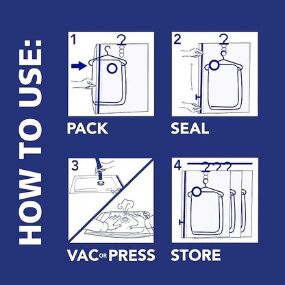 Hefty Hanging Compression Bags 3 Extra Long Vacuum Garment Storage Bags for Clothes, Travel, Closet Organization (60 X 27 Inches) (X-Large)