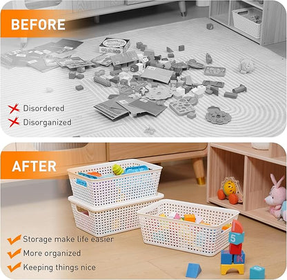Plastic Storage Baskets With Lid, Storage Bins for Organizing, Stackable Decorative Containers for Shelves Drawers Desktop Closet Playroom Classroom Office, 8 Pack-White