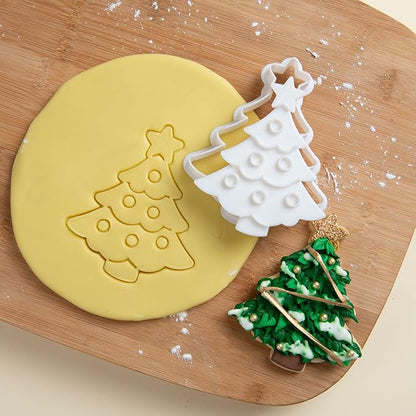 Flycalf Christmas Cookie Cutters Xmas Tree Shapes with Plunger Stamps Holiday PLA Baking Accessories Cutter Molds Gifts Decorative Party 3.5" Kitchen Cake Supplies