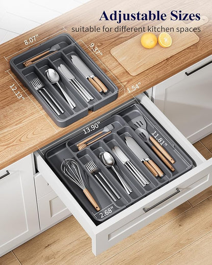Kitsure Cutlery Drawer Organiser for Kitchen - Adjustable Cutlery Tray for Effortless Utensil Sorting, Versatile Kitchen Storage & Organisation Solution, 12.13" x 1.54" x 8.07"~13.90", Grey