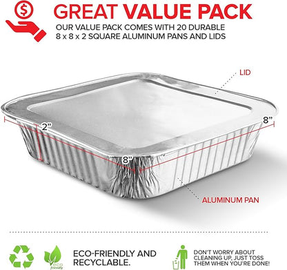 8x8 Foil Pans with Lids (20 Pack) 8 Inch Square Aluminum Pans with Covers -Disposable Food Containers Great for Baking Cake, Cooking, Heating, Storing, Prepping Food