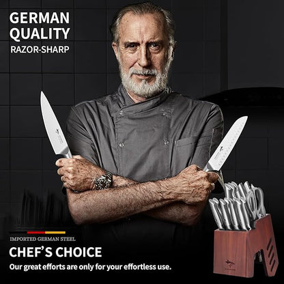 MAD SHARK Knife Set for Kitchen with Block, 17pc Cutlery Set, Built-in Sharpener, German Stainless Steel, Non-slip Ergonomic Handle, Dishwasher Safe