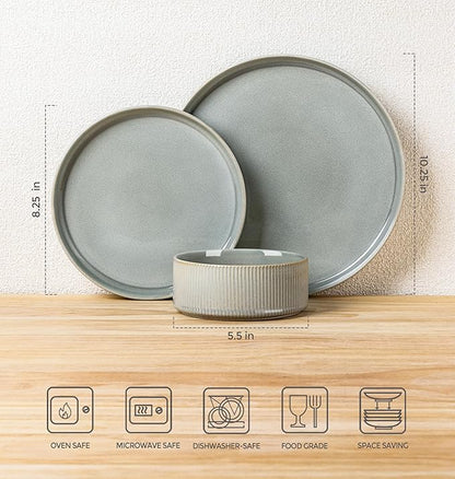 TheTerra Ceramic Dinnerware Sets for 8, 24 Pieces Porcelain Lightweight Plates and Bowls Sets, Scratch Resistant Dish Set, Oven & Microwave & Dishwasher Safe, Desert Sage