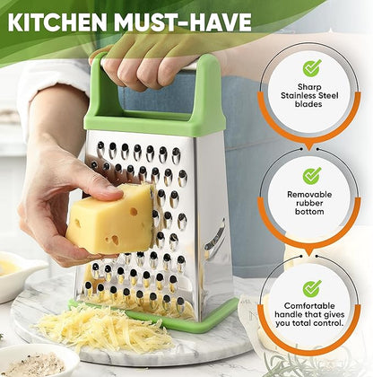 Spring Chef Green Professional Stainless Steel XL Parmesan Cheese Grater with Handle - 4 Sided Box Grater for Kitchen - Dishwasher Safe Food Shredder for Carrot, Potato, Vegetables, Ginger, Hash Brown