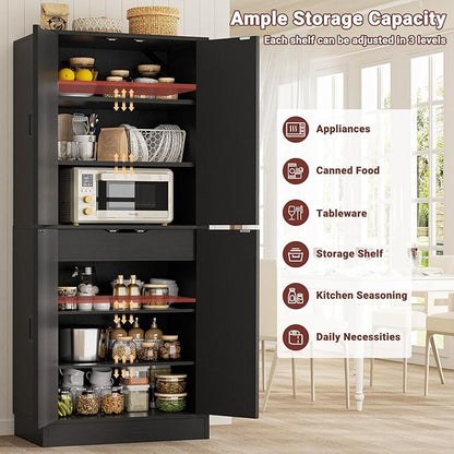 Unikito Kitchen Pantry Cabinet with Farmhouse Barn Doors and Storage Drawer, 4 Adjustable Shelves, Freestanding Tall 71" Cupboard for Kitchen, Dining Room, Living Room, Utility Room, Black