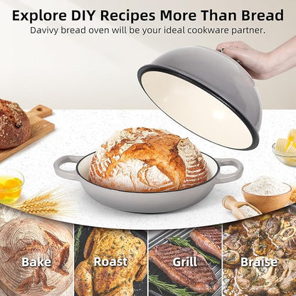 Davivy 5.5QT Cast Iron Dutch Oven with Lid, Bread Dutch Oven for Sourdough Bread, 10" Round Sourdough Bread Baking Pan, Enameled Cast Iron Bread Oven - Light Grey