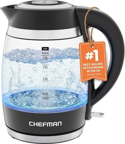 Chefman Electric Kettle, 1.8L 1500W, Hot Water Boiler, Removable Lid for Easy Cleaning, Auto Shut Off, Boil-Dry Protection, Stainless Steel Filter, BPA Free, Borosilicate Glass Electric Tea Kettle
