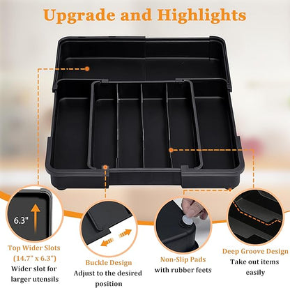 Homecor Silverware Organizer Expandable Kitchen Drawer Organizer with 7 Slots, BPA Free Cutlery Utensil Drawer Organizer, Kitchen Utensil Storage Tray for Forks Knives Spoons, Anti-Slip, Black