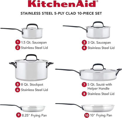 KitchenAid 5-Ply Clad Polished Stainless Steel Cookware Pots and Pans Set, 10 Piece