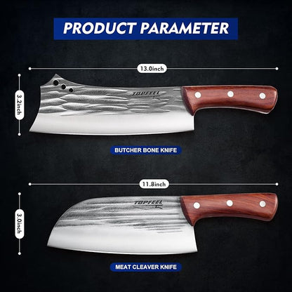 2PCS Meat Cleaver & Heavy Duty Bone Chopper Knife Set, Hand Forged German High Carbon Stainless Steel Butcher Knife for Home Kitchen & Outdoor