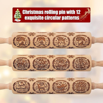 17" Premium Wooden Rolling Pins for Baking with Gnome Embossed Designs | 3mm Deep Springerle Cookie Molds | Christmas Rolling Pin & Baking Gifts for Women | Includes 3-in-1 Cleaning Brush