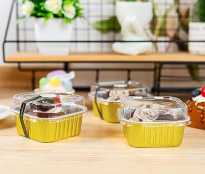 50 Pack Mini Cake Pans with Lids and Spoons Aluminum Foil Pans Square Cake Tins for Bakery Party Wedding (Gold,5 oz)