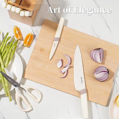 ZHANG XIAO QUAN SINCE 1628 15Pcs Knife Set with Block, High Carbon Stainless Steel Kitchen Knife Set with Ceramic-Coated Blade, Sharp and Durable, Hundreds of Years of Masterful(Cream)