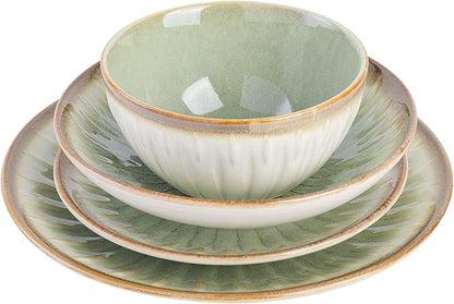 Gibson Elite Mayfair Bay 16-Piece Embossed Double Bowl Dinnerware Set, Service for 4 – Green Stoneware Plates and Bowls