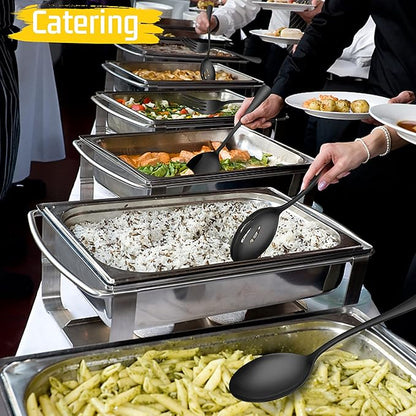 Large Black Serving Utensils Set of 8, E-far Stainless Steel 9.8 Inch Serving Spoon Slotted Spoon, 9.9 Inch Fork, 9.4 Inch Tong for Buffet Catering, Mirror Finish & Dishwasher Safe