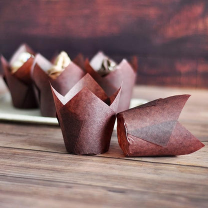 Large size Brown Tulip Baking Cups 2-1/4"(Base diameter) x 4"(Wall height) Greaseproof paper baking cupcake Muffin liners, Case of 130 pcs