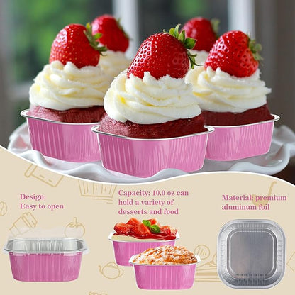 Mini Square Cake Pans with Lids，BAKINGPAK 30PCS 10OZ Mini Cake Pans with Lids Individual Cupcake Containers Mini Disposable Cake Pans with Lids Mini Aluminum Pans with Lids for Baking Party, Pink