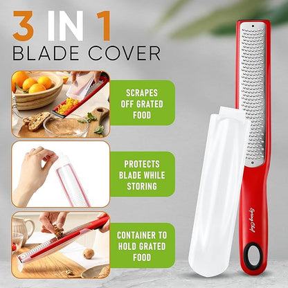 Spring Chef Premium Red Lemon Zester Grater with Handle - Fruit, Garlic, Citrus, Nutmeg, Orange Zester Tool - Heavy Duty Kitchen Shredder - Stainless Steel Ginger Grater with Blade Cover - Fine Shred