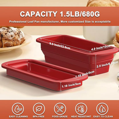2 Packs of Collapsible Silicone Bread Loaf Pan With Foldable Function and Metal Reinforced Frame,Rectangular Non-Stick Baking Mold Pans for Oven, Bread, Cake, Easy Release(9"x4"x2.5", Red, 2 Pieces)