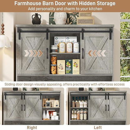 67.7 Inch Farmhouse Pantry Storage Cabinet with Sliding Barn Doors, 2 Drawer Farmhouse Coffee Cabinet with Adjustable Shelf, Side Board with Buffet Cupboard Livingroom Kitchen, Grey