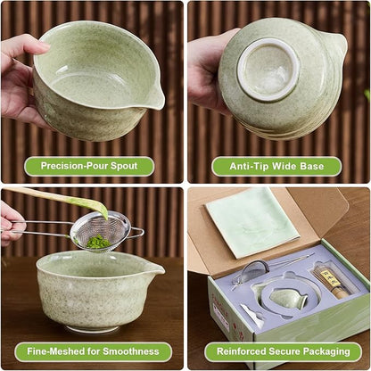 7Pcs Matcha Whisk Set - Matcha Bowl with Spout, Bamboo Whisk (Chasen), Holder, Stainless Sifter, Tea Scoop, Tea Towel, Scoop Rest. Full Japanese Ceremony Matcha Kit, Perfect Gift for Tea Fans (Green)