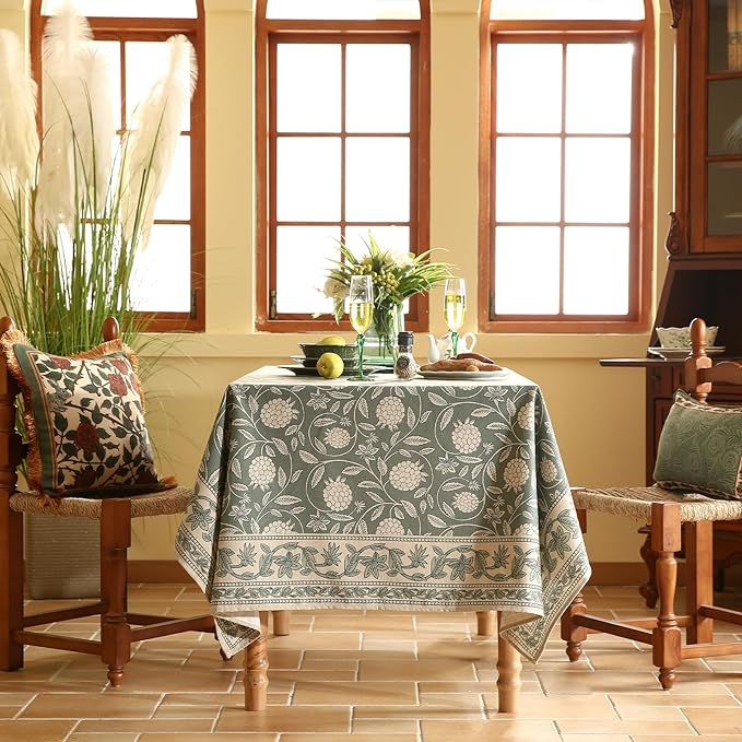 ISAENNE Designer Grayish Green Linen Rectangular Tablecloth,Floral Stain Resistant Table Cloth,Fall Vintage Decor Tablecloths for Dining Thanksgiving Kitchen Party,55"*79"-Andrew A