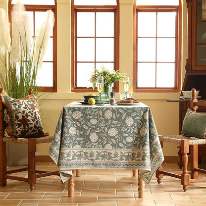 ISAENNE Designer Grayish Green Linen Rectangular Tablecloth,Floral Stain Resistant Table Cloth,Fall Vintage Decor Tablecloths for Dining Thanksgiving Kitchen Party,55"*79"-Andrew A