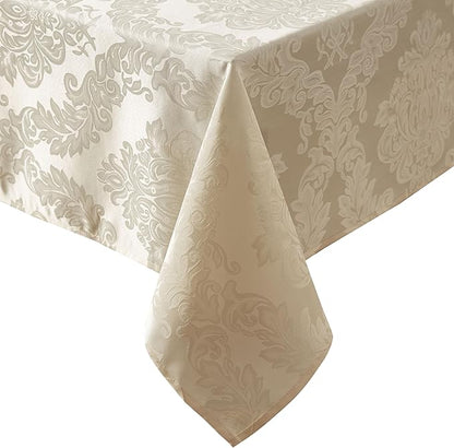 Newbridge Barcelona Luxury Damask Fabric Tablecloth, 60” Wide x 120” Rectangle, Golden Beige, 100% Polyester, No Iron, Soil Resistant Dining Room, Party and Banquet Table Cover