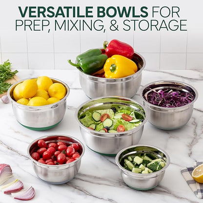 COOK WITH COLOR Stainless Steel Mixing Bowls Set with Lids - Nesting Bowls with Non-Slip Bottom, Sage, 12 Pieces