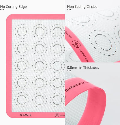 446ºF Heat Resistant Macaron Mat: U-Taste 11x11in Non Stick Silicone Baking Mat, Reusable Cookies Pastry Sheet Liner with Edge Enhancement & Circle Measurement for Square Cake Pan (2 PCS, Pink)